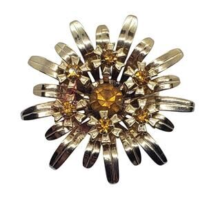 Vintage Gold Tone Flower Brooch Amber Rhinestone Layered Pin Spike Starburst